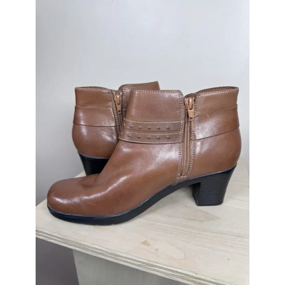 Clarks Dream Belle Womens Brown Leather Side Zip Heeled Ankle Booties Size 9w